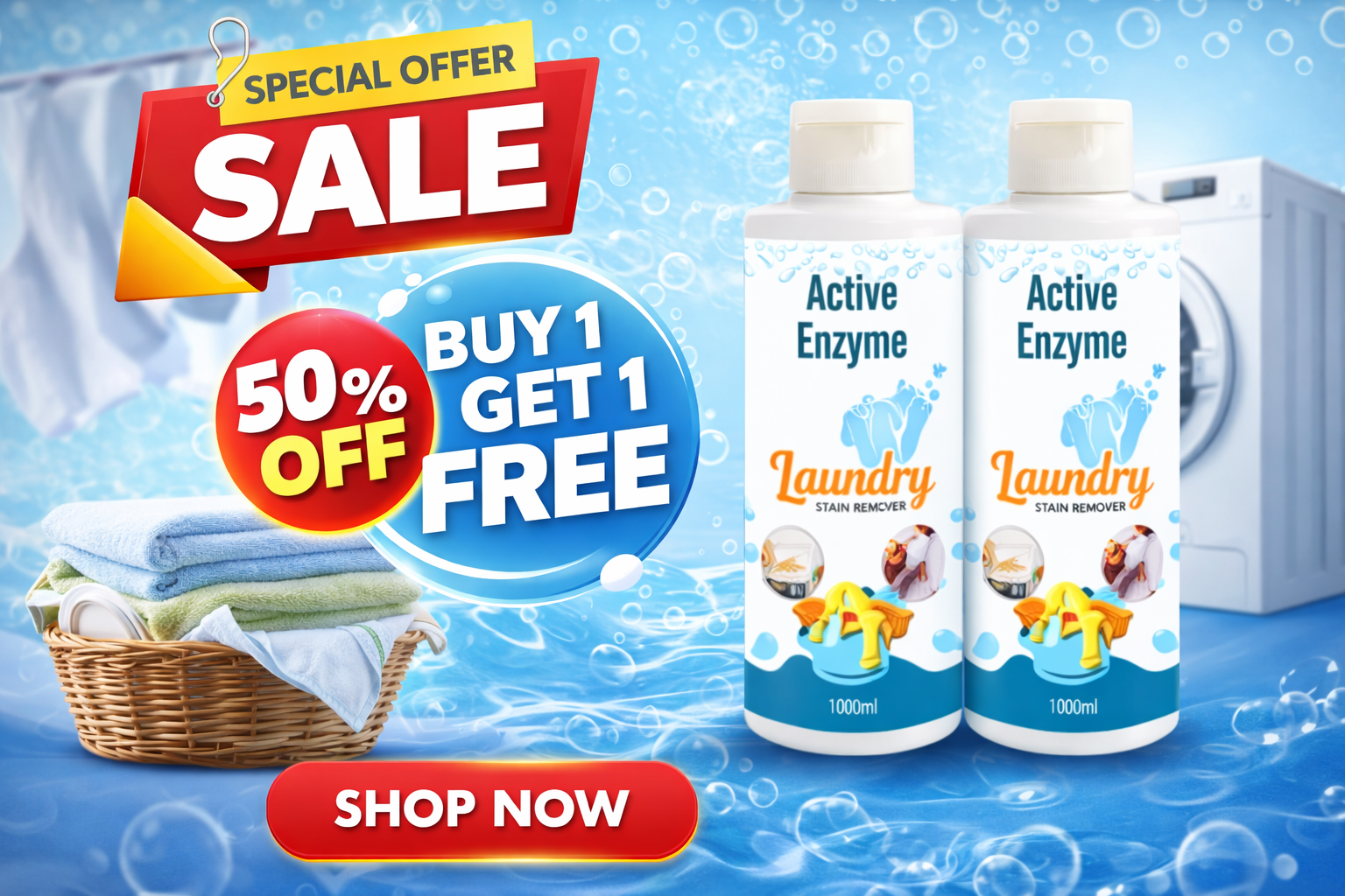 Active Enzyme Laundry Stain Remover [Pack of 2] 🧼💥 | BUY 1 GET 1 FREE 🎁 | Limited Offer ⏳